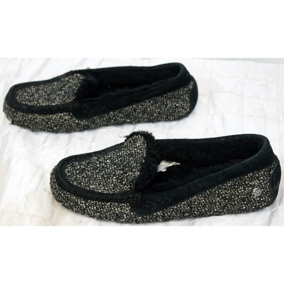 UGG Black Woman's House Slippers Size 7 Slip On Wool Lining Tweed Woven - Picture 5 of 11